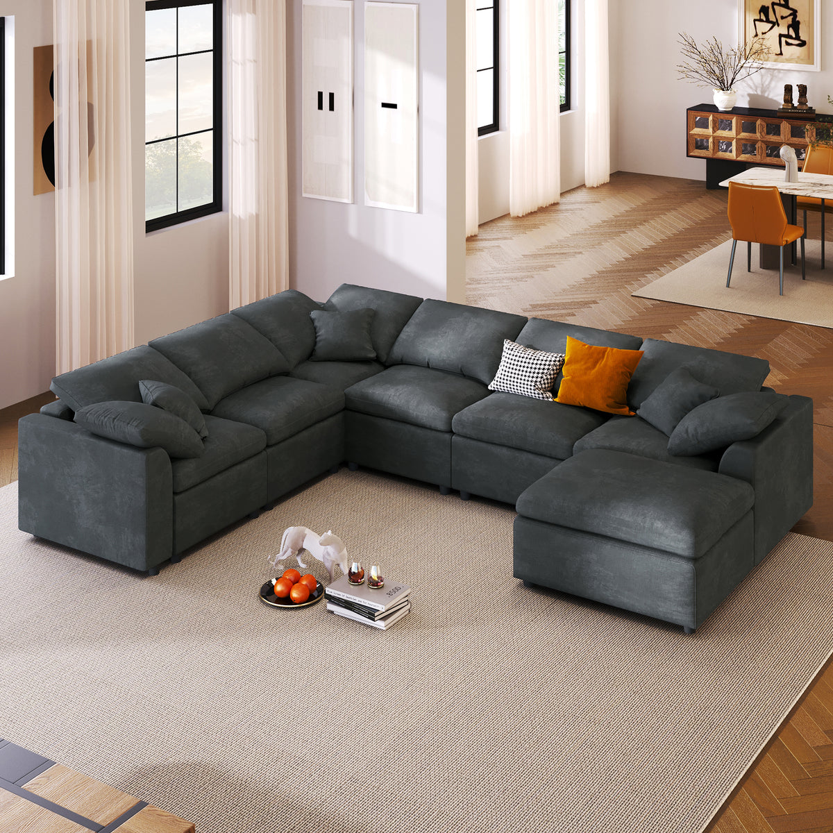 U_Style 120.8' Extra Large 7-Seater Modular Sectional Sofa with L-Shape Design & Movable Ottoman, Plush Chenille Fabric + Solid Pine Wood Frame for Living Room, Office, Spacious Space