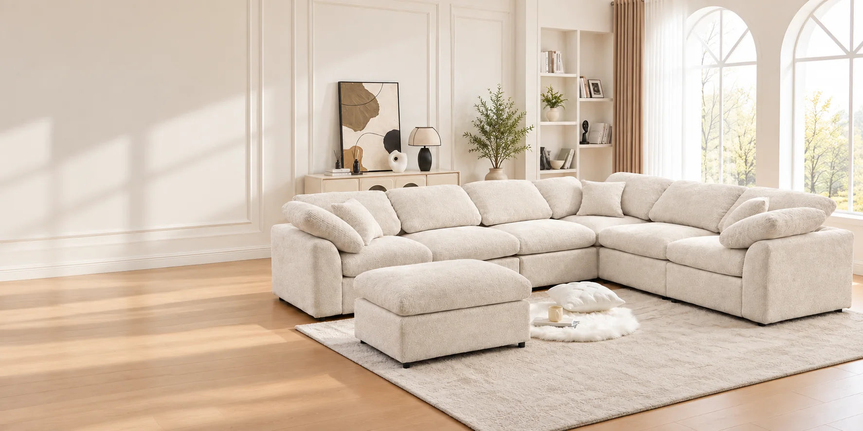 U_Style 120.8' Extra Large 7-Seater Modular Sectional Sofa with L-Shape Design & Movable Ottoman, Plush Chenille Fabric + Solid Pine Wood Frame for Living Room, Office, Spacious Space