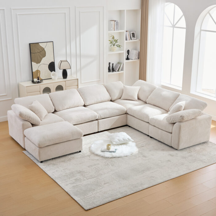 Oversized 7-Seater Modular Sectional Sofa with Cloud Cushions & Movable Ottoman - Convertible L-Shaped Sleeper Sofabed, Customizable Layout for Spacious Living Rooms/Apartments/Offices (Beige)