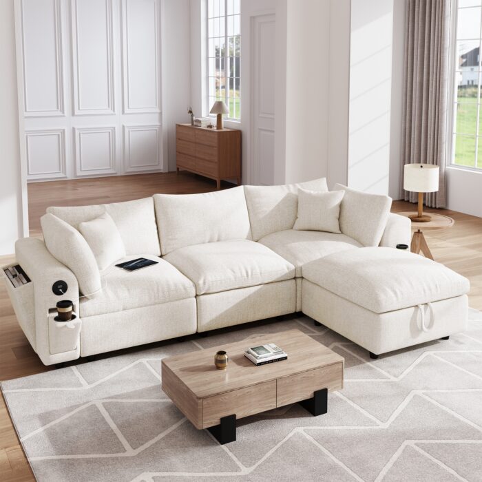Luxurious Cloud Modular Sectional Sofa, 110.5" L-Shaped 3-Seat Deep Seat with Storage Ottoman, Solid Wood Frame, Wide Armrests, USB/Type-C & Cup Holders, Chenille Couch Modern Comfy for Living Room