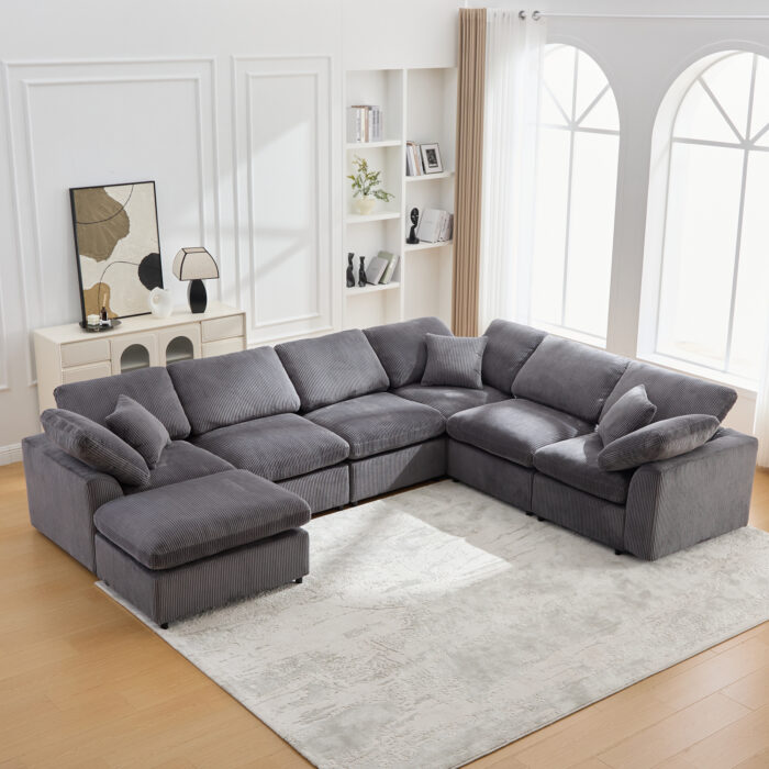 Oversized 7-Seater Modular Sectional Sofa with Cloud Cushions & Movable Ottoman - Convertible L-Shaped Sleeper Sofabed, Customizable Layout for Spacious Living Rooms/Apartments/Offices (Gray)