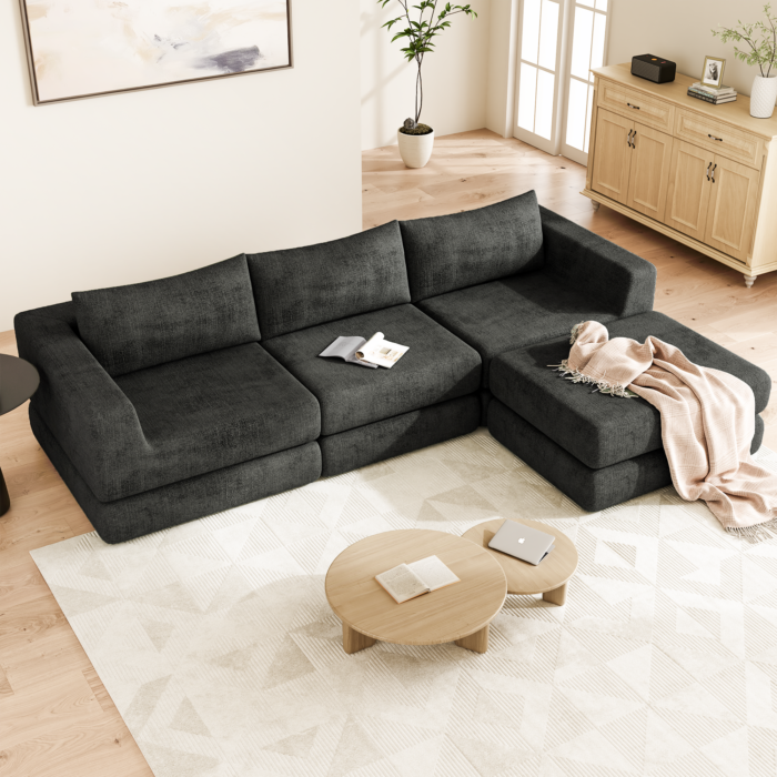 95.5" Cloud Boneless L Shaped Modular Sectional Sofa, Deep Seat Chenille Couch, Convertible Sleeper Bed, Ergonomic Design, Tool-Free Setup, Living Room Furniture  (Dark Gray)