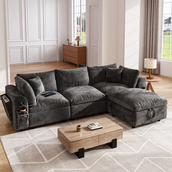 Luxurious Cloud Modular Sectional Sofa, 110.5" L-Shaped 3-Seat Deep Seat with Storage Ottoman, Solid Wood Frame, Wide Armrests, USB/Type-C & Cup Holders, Chenille Couch Modern Comfy for Living Room (Dark Gray)