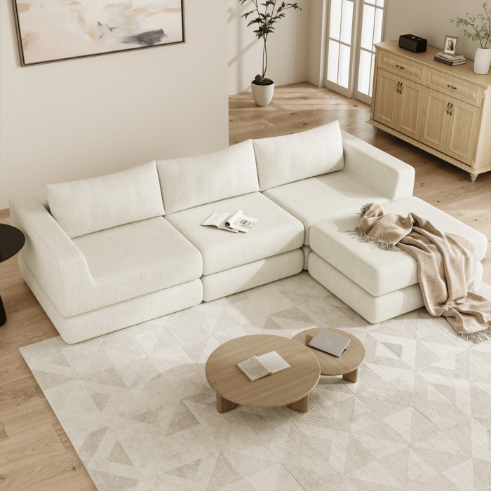 95.5" Cloud Boneless L Shaped Modular Sectional Sofa, Deep Seat Chenille Couch, Convertible Sleeper Bed, Ergonomic Design, Tool-Free Setup, Living Room Furniture （Beige）